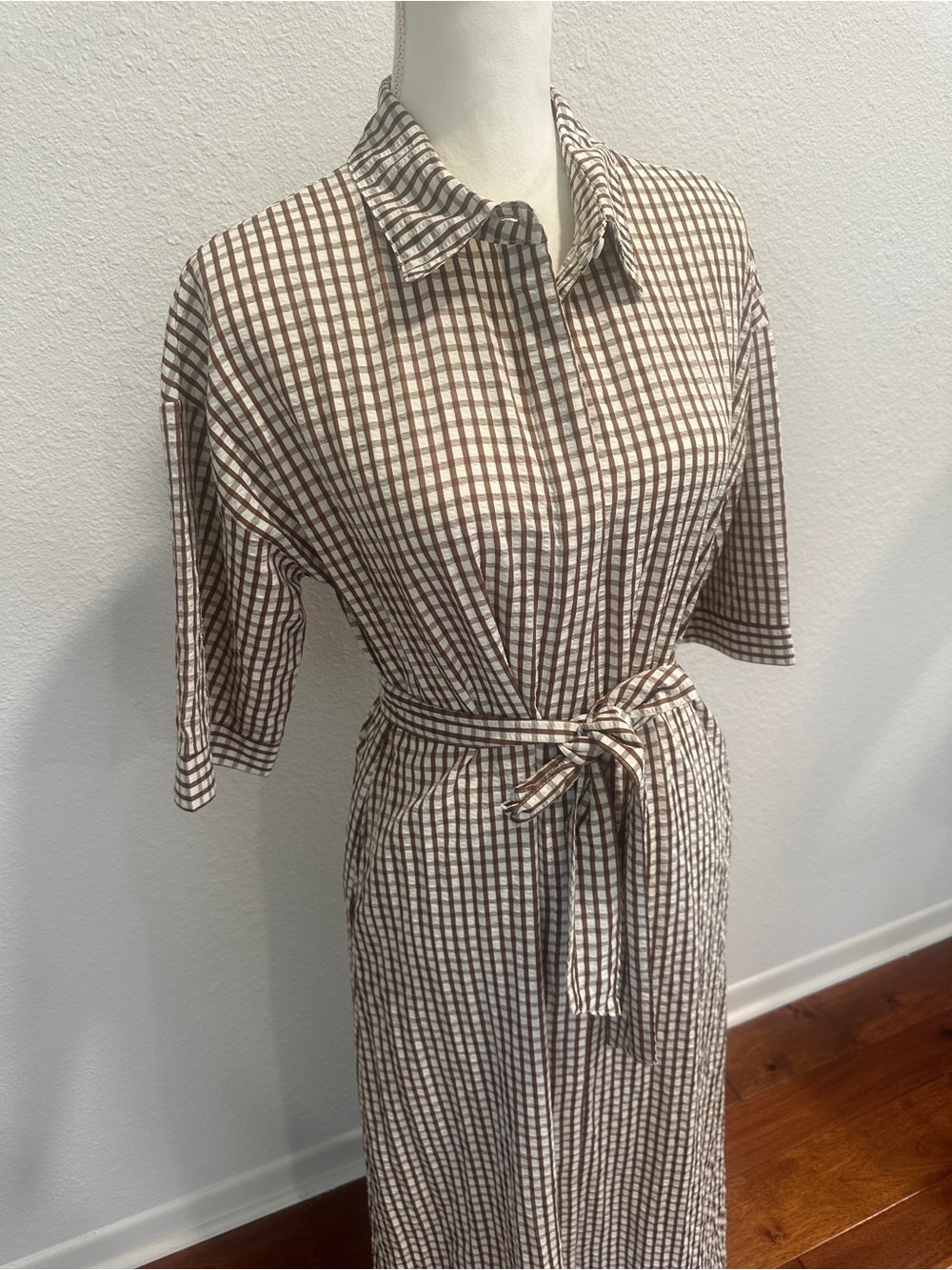 Neutral Gingham Tie-Waist Shirt Dress - Picture 3 of 5